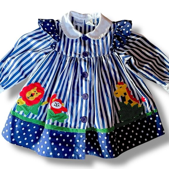 Vintage Nannette Toddler Girls Dress Sz 18 Month Blue White Stripe Jungle Animal - Picture 3 of 8